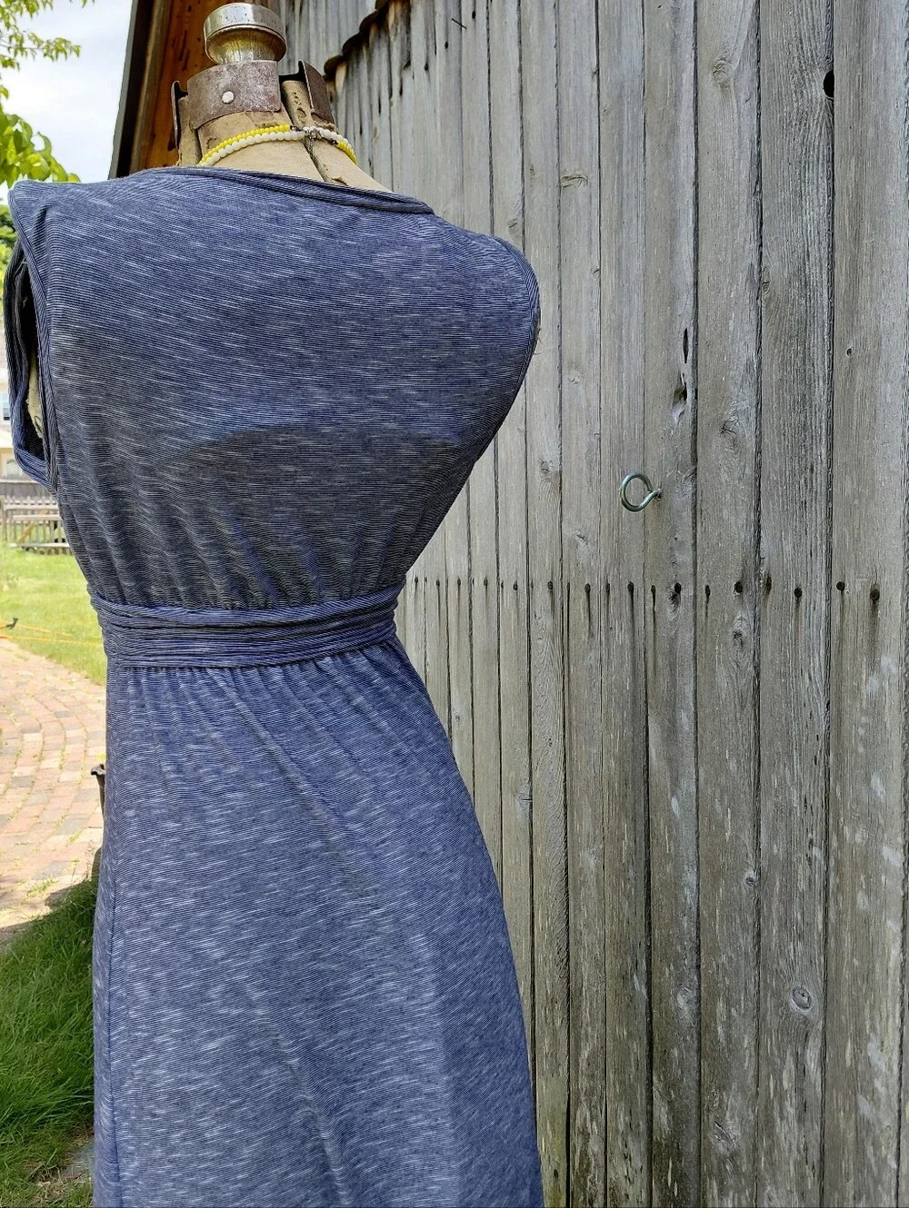 Max Studio stretch navy blue cap sleeve maxi & ruffle trim dress Womens M - Picture 5 of 9